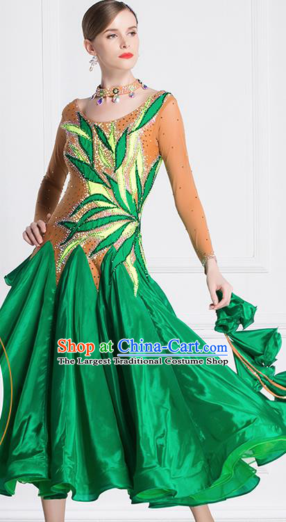 Professional Modern Dance Waltz Green Dress International Ballroom Dance Competition Costume for Women