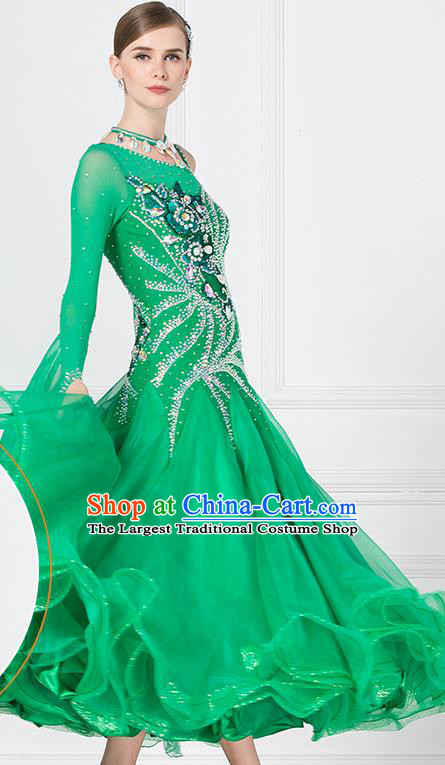 Professional Waltz Tango Competition Green Dress Modern Dance International Ballroom Dance Costume for Women