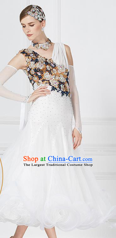 Professional Waltz Tango Competition White Dress Modern Dance International Ballroom Dance Costume for Women