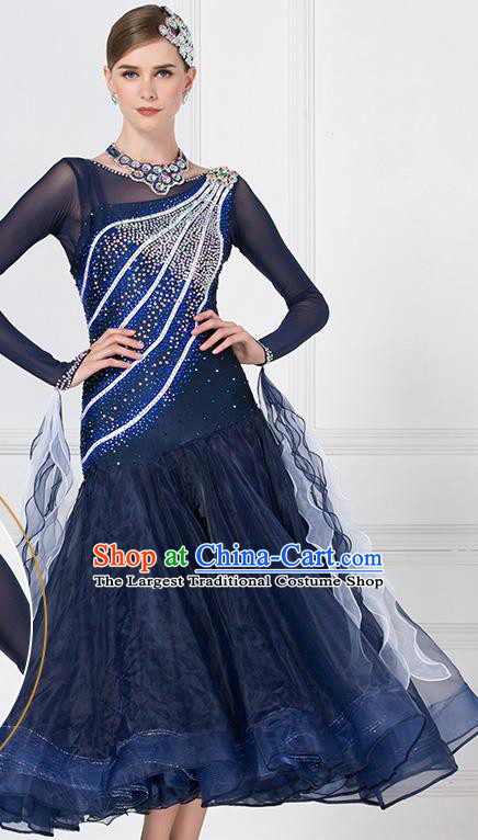 Professional Waltz Tango Competition Navy Dress Modern Dance International Ballroom Dance Costume for Women