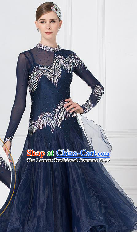 Professional Waltz Tango Competition Navy Blue Dress Modern Dance International Ballroom Dance Costume for Women