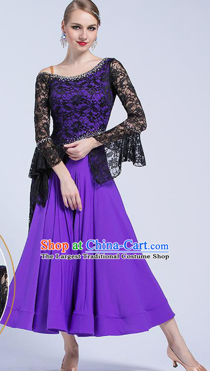 Professional Waltz Tango Competition Lace Purple Dress Modern Dance International Ballroom Dance Costume for Women