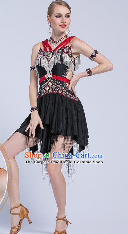 Top Latin Dance Competition Black Tassel Dress Modern Dance International Rumba Dance Costume for Women