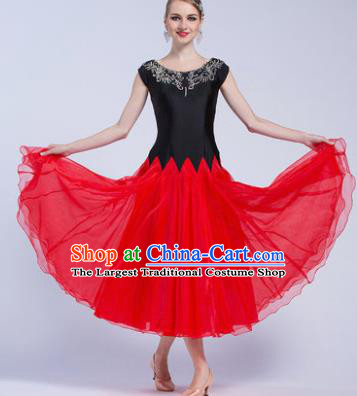 Professional Modern Dance Waltz Competition Red Veil Dress International Ballroom Dance Costume for Women