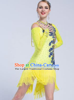 Top Latin Dance Competition Yellow Tassel Dress Modern Dance International Rumba Dance Costume for Women