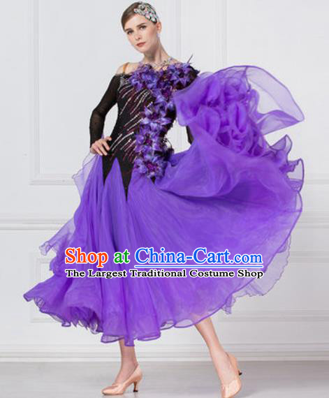 Professional Modern Dance Waltz Purple Veil Dress International Ballroom Dance Competition Costume for Women