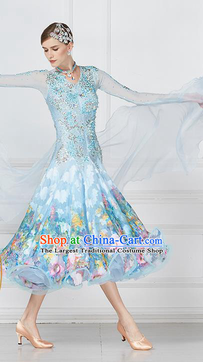 Professional Modern Dance Waltz Competition Blue Lace Dress International Ballroom Dance Costume for Women