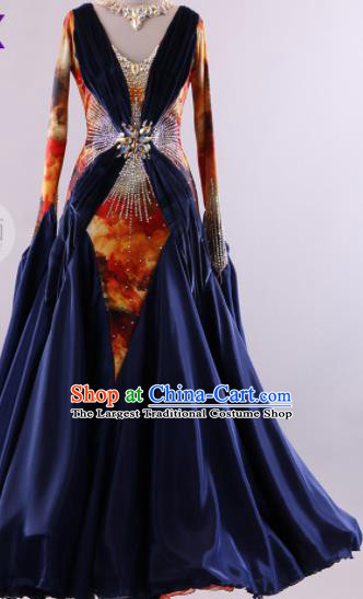 Professional Modern Dance Waltz Navy Dress International Ballroom Dance Competition Costume for Women