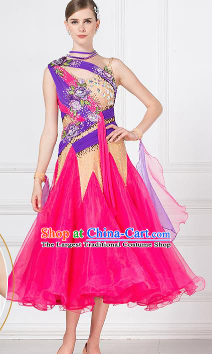 Professional Modern Dance Waltz Competition Rosy Veil Dress International Ballroom Dance Costume for Women