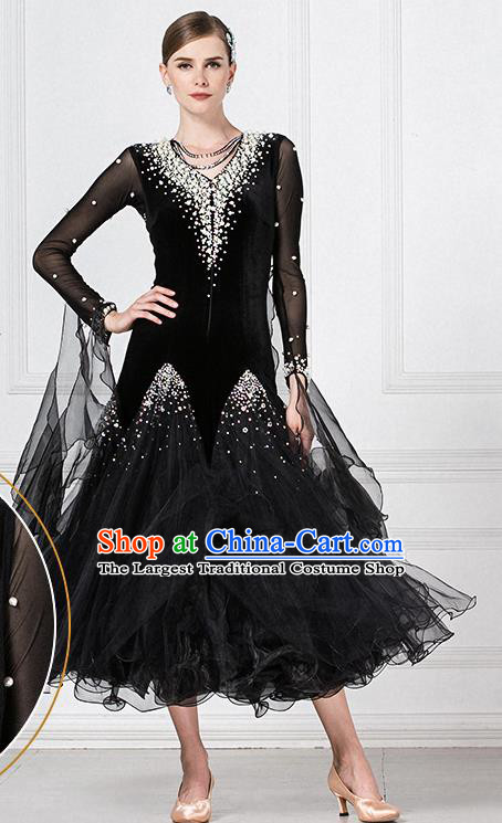 Professional Modern Dance Waltz Competition Black Dress International Ballroom Dance Costume for Women