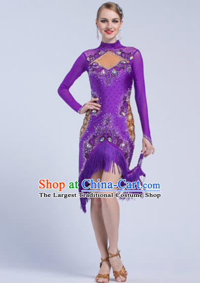 Top Latin Dance Competition Purple Tassel Short Dress Modern Dance International Rumba Dance Costume for Women