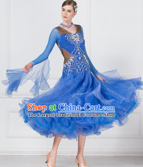 Professional Modern Dance Waltz Blue Dress International Ballroom Dance Competition Costume for Women