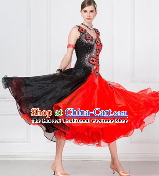 Professional Ballroom Dance Waltz Red Paillette Dress International Modern Dance Competition Costume for Women