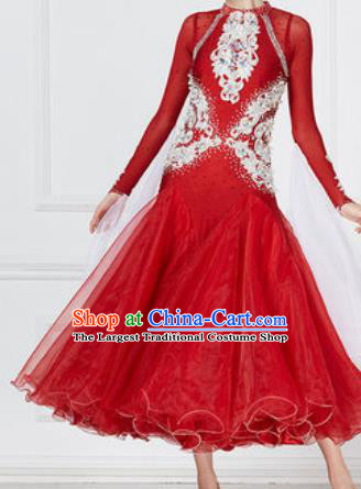 Professional Modern Dance Red Dress Ballroom Dance International Waltz Competition Costume for Women