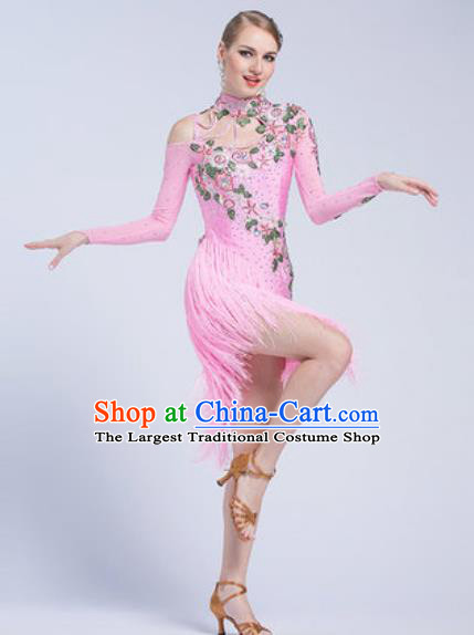 Top Latin Dance Competition Pink Tassel Dress Modern Dance International Rumba Dance Costume for Women