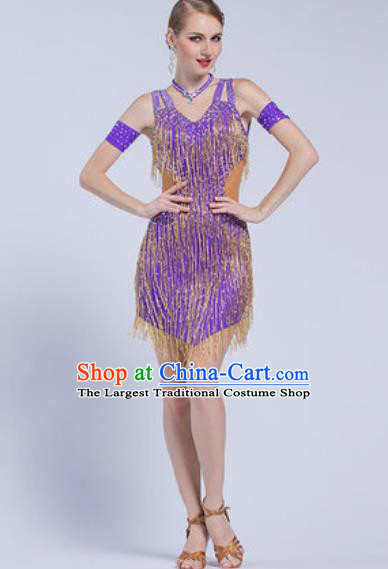 Top Latin Dance Competition Tassel Purple Dress Modern Dance International Rumba Dance Costume for Women