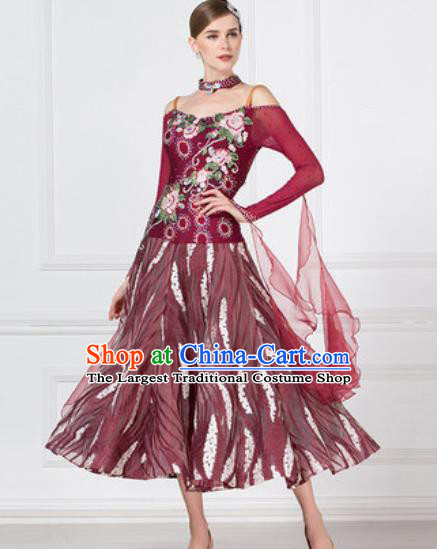 Top Grade Modern Dance Wine Red Dress Ballroom Dance International Waltz Competition Costume for Women