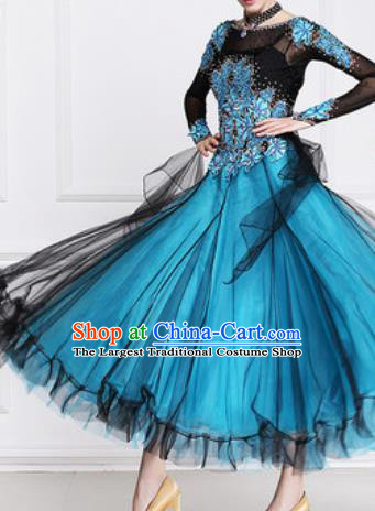 Top Waltz Competition Modern Dance Blue Dress Ballroom Dance International Dance Costume for Women