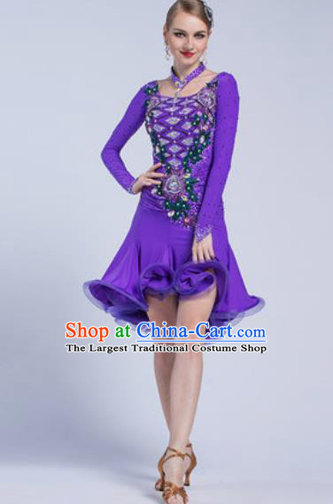 Professional Latin Dance Competition Purple Short Dress Modern Dance International Rumba Dance Costume for Women