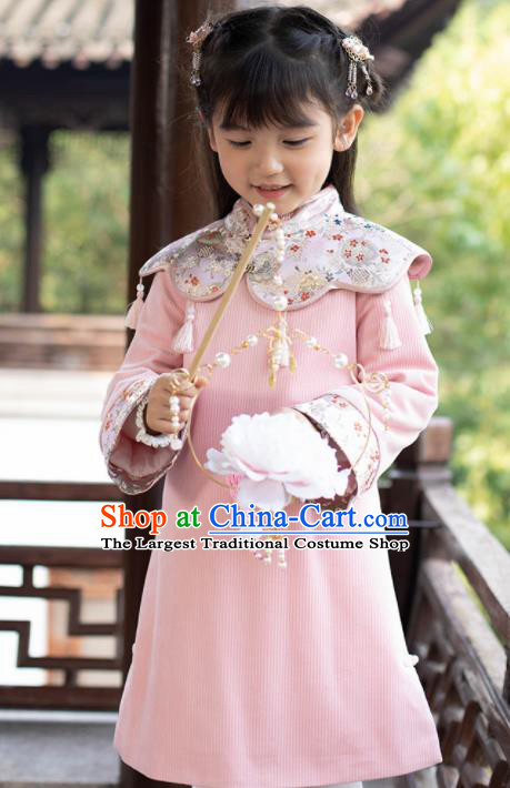 Chinese National Girls Pink Cheongsam Costume Traditional New Year Qipao Dress for Kids