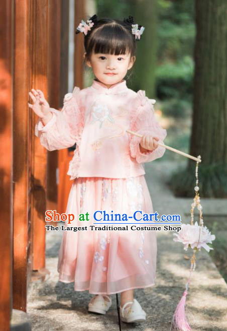 Chinese National Girls Pink Cheongsam Costume Traditional New Year Tang Suit Qipao Dress for Kids