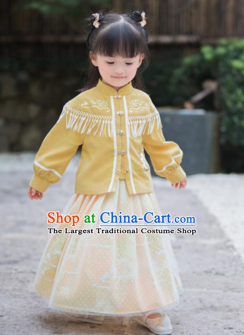 Chinese National Girls Yellow Cheongsam Costume Traditional New Year Tang Suit Qipao Dress for Kids