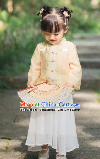 Chinese National Girls Yellow Cheongsam Blouse and White Skirt Traditional New Year Tang Suit Costume for Kids