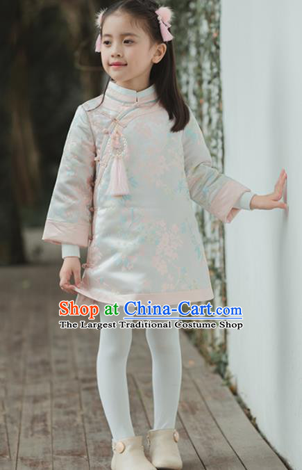 Chinese National Girls White Coat Costume Traditional New Year Tang Suit Outer Garment for Kids