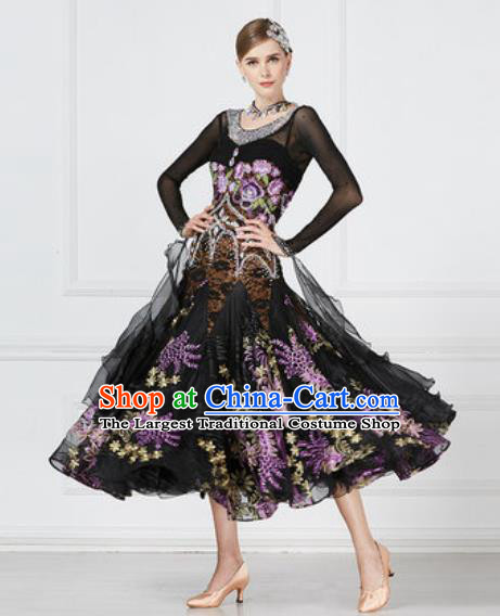 Top Grade Modern Dance Black Dress Ballroom Dance International Waltz Competition Costume for Women