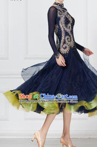 Top Grade Modern Dance Navy Veil Dress Ballroom Dance International Waltz Competition Costume for Women