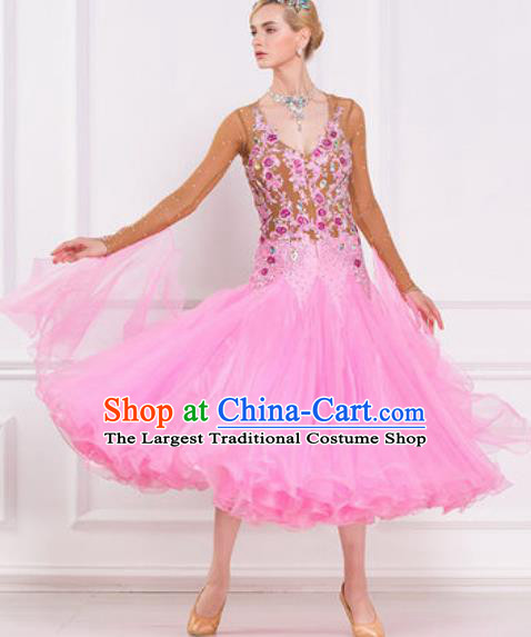 Top Grade Modern Dance Pink Veil Dress Ballroom Dance International Waltz Competition Costume for Women