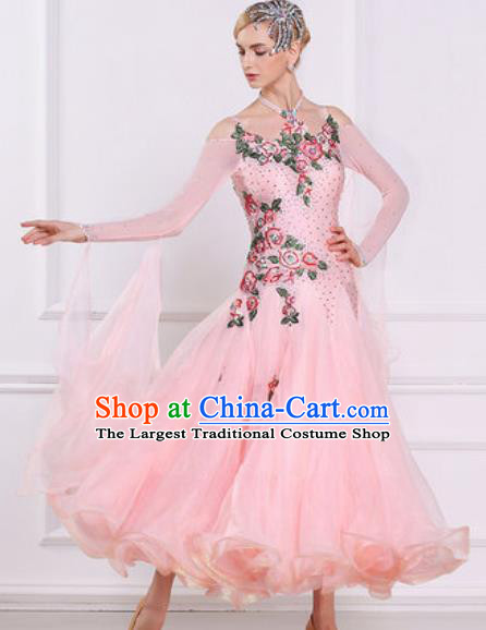 Top Grade Modern Dance Light Pink Veil Dress Ballroom Dance International Waltz Competition Costume for Women