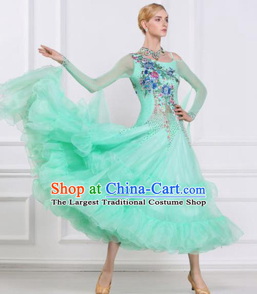 Top Grade Modern Dance Light Green Veil Dress Ballroom Dance International Waltz Competition Costume for Women