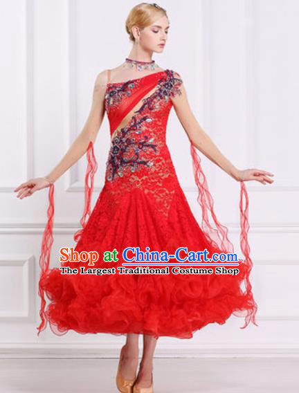 Top Grade Modern Dance Red Lace Dress Ballroom Dance International Waltz Competition Costume for Women