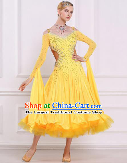 Top Grade Modern Dance Diamante Yellow Dress Ballroom Dance International Waltz Competition Costume for Women