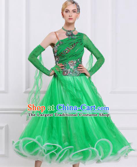 Top Waltz Competition Modern Dance Diamante Green Dress Ballroom Dance International Dance Costume for Women