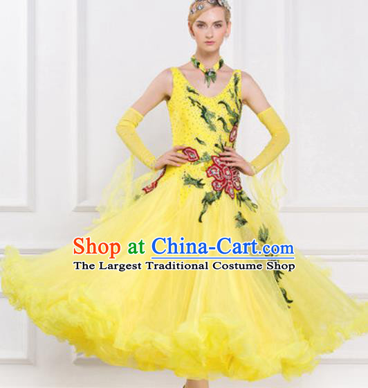 Top Waltz Competition Modern Dance Diamante Yellow Dress Ballroom Dance International Dance Costume for Women