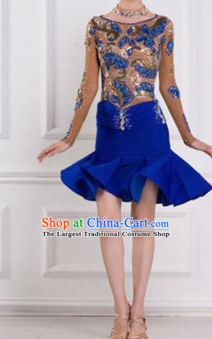 Professional Latin Dance Competition Diamante Royalblue Dress Modern Dance International Rumba Dance Costume for Women