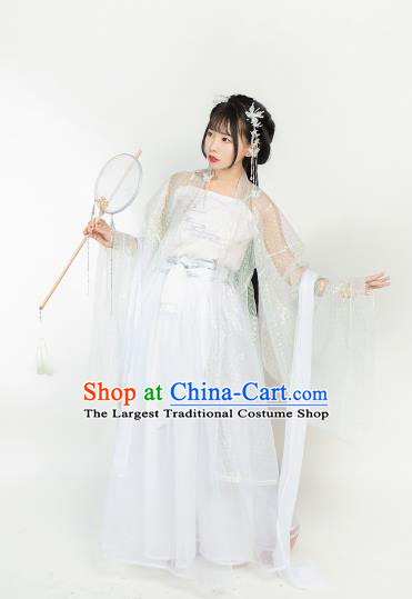 Ancient Chinese Tang Dynasty White Hanfu Dress Nobility Lady Embroidered Historical Costumes for Women