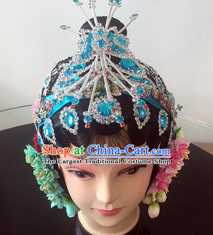 Chinese Beijing Opera Princess Blue Headgear Traditional Peking Opera Diva Wig and Hair Accessories for Women