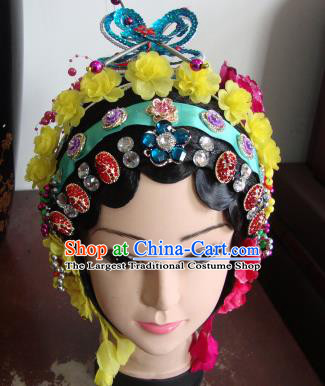 Chinese Beijing Opera Girls Yellow Flowers Headgear Traditional Peking Opera Wig Sheath and Hair Accessories for Women