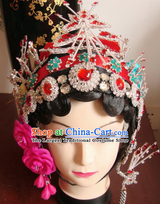 Chinese Beijing Opera Diva Red Crystal Headgear Traditional Peking Opera Wig Sheath and Hair Accessories for Women