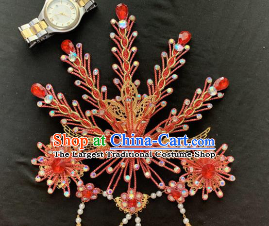 Chinese Beijing Opera Red Phoenix Hairpins Headgear Traditional Peking Opera Queen Hair Accessories for Women