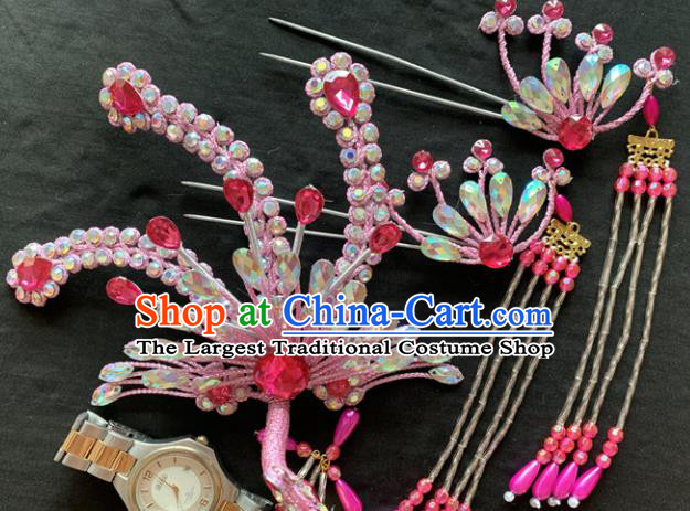 Chinese Beijing Opera Diva Pink Phoenix Tassel Hairpins Headgear Traditional Peking Opera Queen Hair Accessories for Women