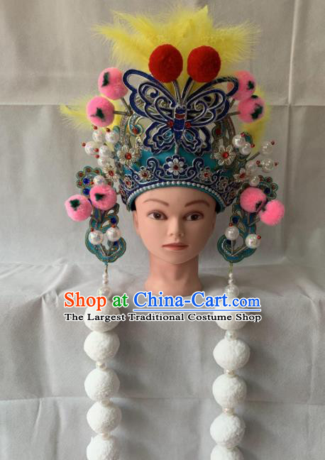 Chinese Beijing Opera Female Swordsman Blue Hat Traditional Peking Opera Hair Accessories for Women