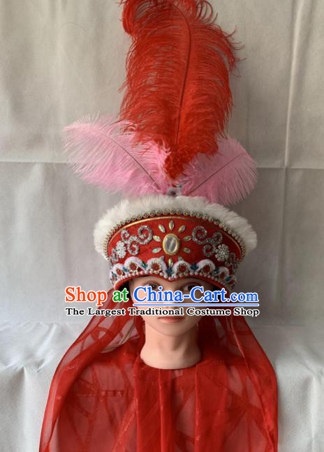 Chinese Beijing Opera Princess Red Hat Traditional Peking Opera Feather Hair Accessories for Women