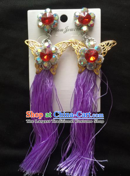 Chinese Beijing Opera Diva Purple Tassel Butterfly Earrings Traditional Peking Opera Princess Ear Accessories for Women