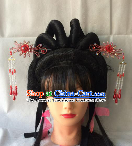 Chinese Beijing Opera Diva Red Hairpins Traditional Peking Opera Princess Hair Accessories for Women