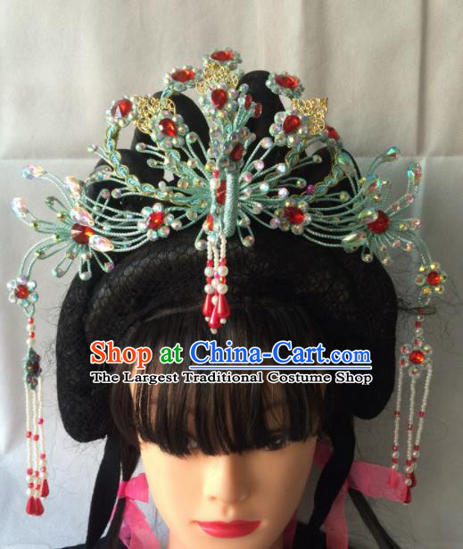 Chinese Beijing Opera Diva Green Phoenix Coronet Hairpins Traditional Peking Opera Queen Hair Accessories for Women