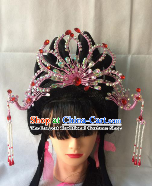 Chinese Beijing Opera Diva Pink Phoenix Coronet Hairpins Traditional Peking Opera Queen Hair Accessories for Women